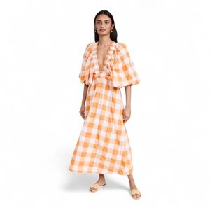 Sundress Tiya Plunge Maxi Dress In Orange And White Gingham Size Medium Large